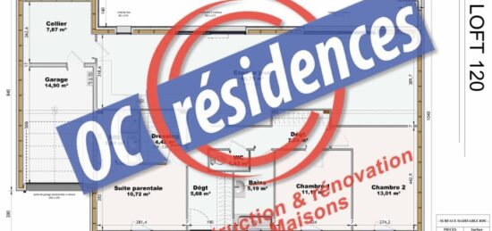 Plan de maison Surface terrain 120 m2 - 5 pièces - 3  chambres -  avec garage 